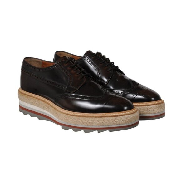 Prada Men Platform Brogue US 9 UK 8 Brown Leather Wingtip Espadrille Medallion - Picture 1 of 11